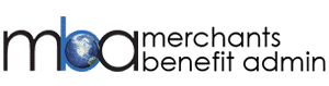 Logo for Merchants Benefit Admin. The letters mba appear in lowercase, with a globe image inside the letter a. To the right, the words merchants benefit admin are written in lowercase black text.